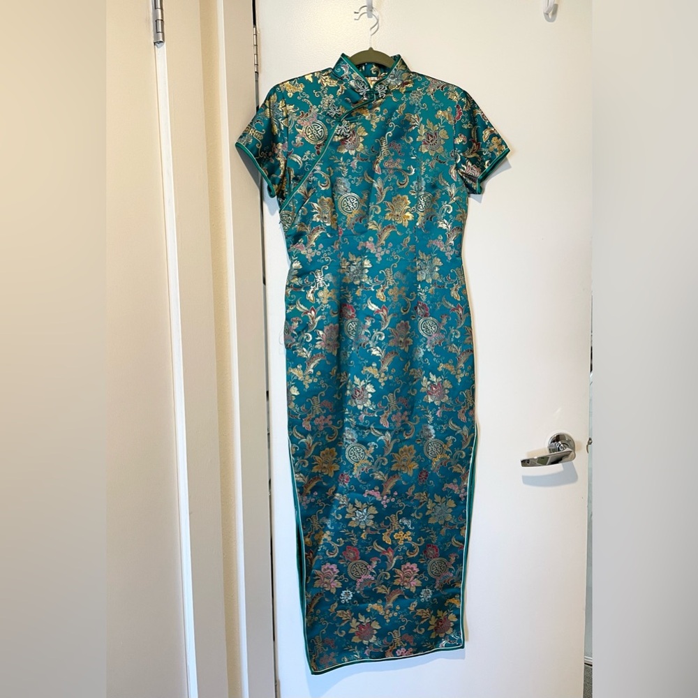 NWOT qipao Turquoise & gold cheongsam dress